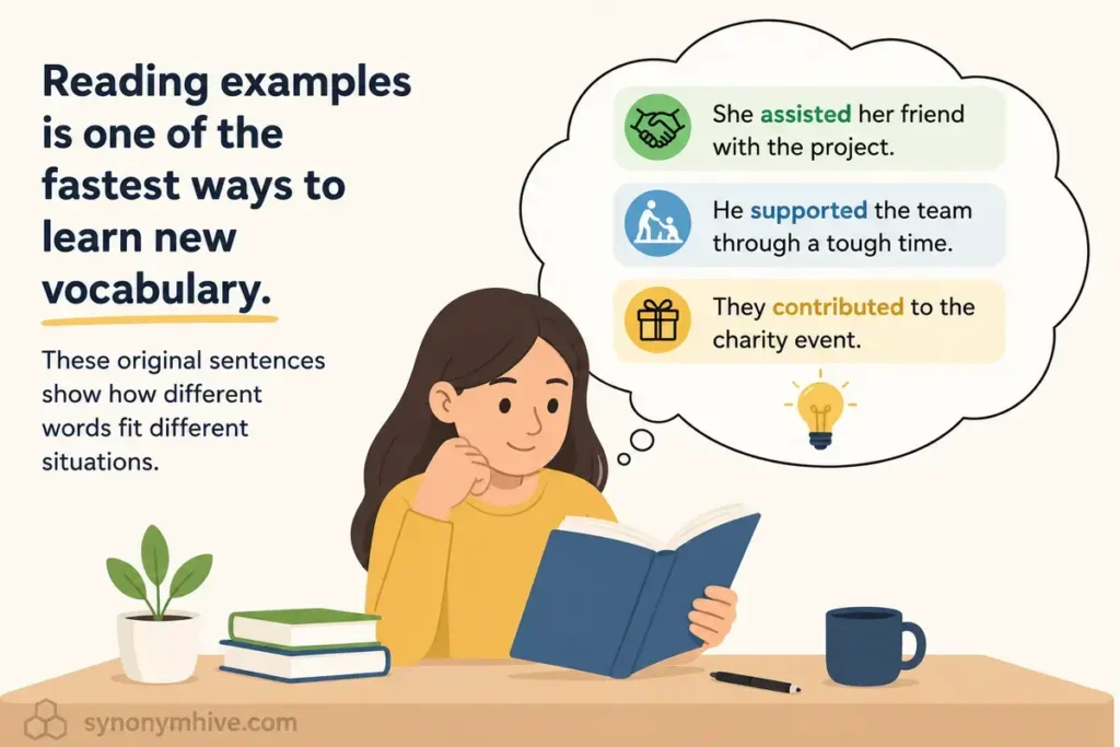 What Are More Example Sentences Using Synonyms For Helped