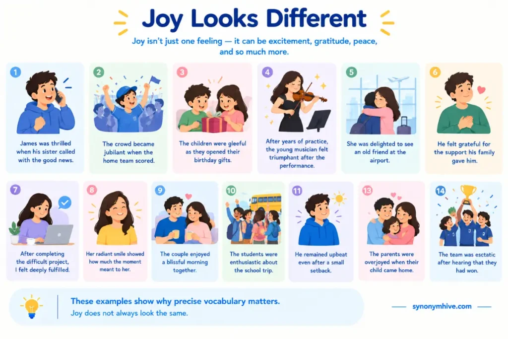 What are examples of words to describe joy in real situations?