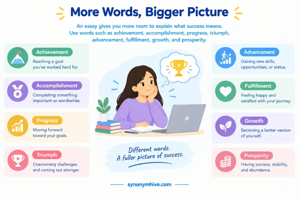 What are the best words to describe success in an essay?
