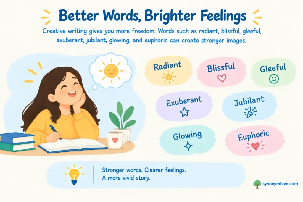 Which word should you use for joy in creative writing?