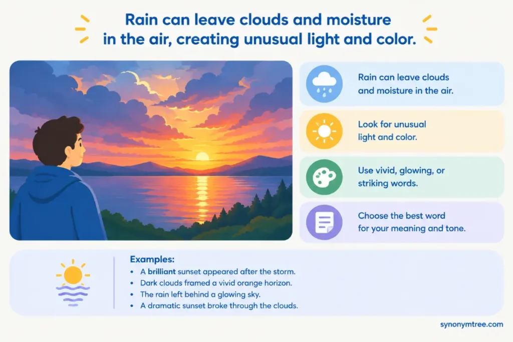 What are the best words to describe a sunset after rain