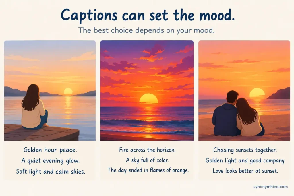 What are the best words to describe a sunset in a caption